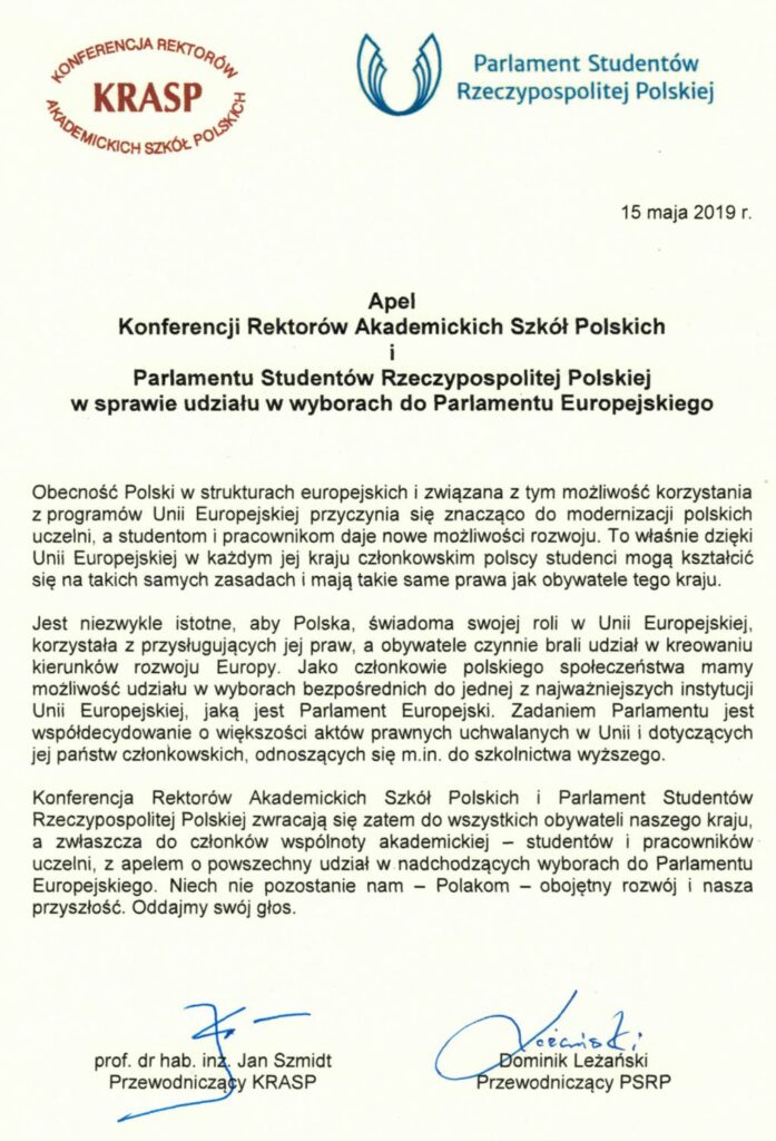 Apel Konferencji Rektorów Akademickich Szkół Polskich i Parlamentu Studentów Rzeczpospolitej Polskiej w sprawie udziału w wyborach do Parlamentu Europejskiego