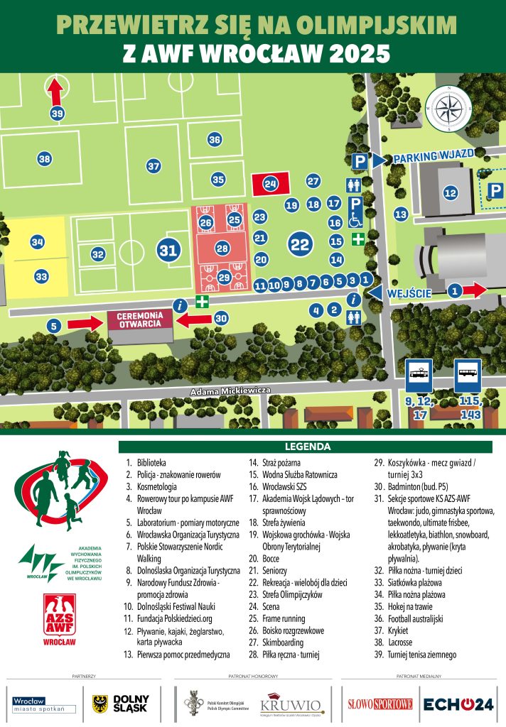 Plakat promujący wydarzenie "Przewietrz się na Olimpijskim z AWF Wrocław 2025", z mapą terenu, na której zaznaczone są obiekty sportowe, parkingi i punkty informacyjne. Po prawej stronie znajduje się legenda z opisami miejsc, takich jak biblioteka, policja, straż pożarna i różne sekcje sportowe. Na dole plakatu widoczne są logotypy partnerów wydarzenia.